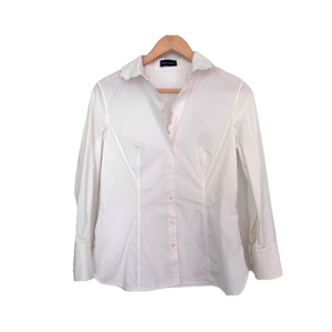 Rena Lange white, long-sleeved button-down shirt scalloped Shirt